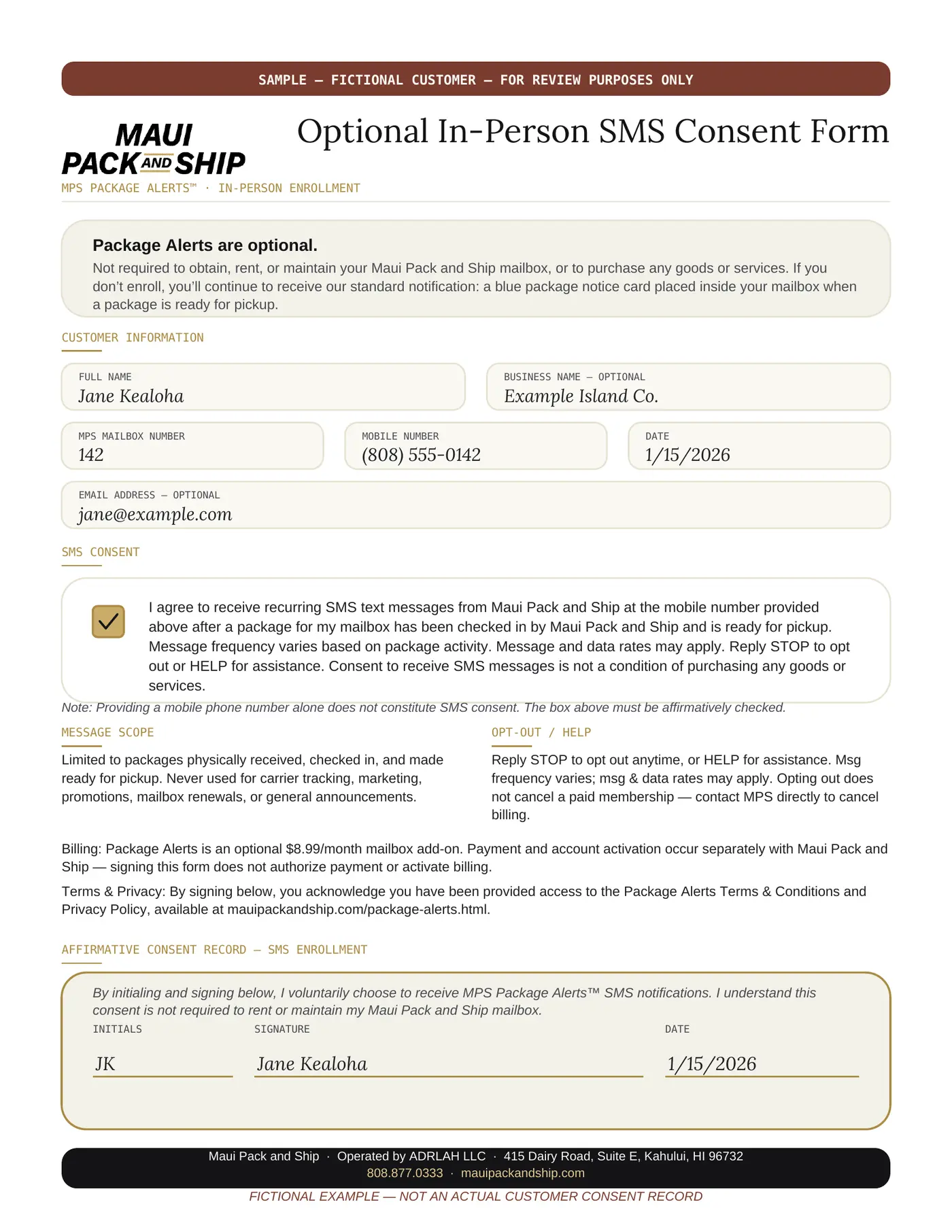Sample completed MPS Package Alerts in-person SMS consent form with fictional customer Jane Kealoha, showing the SMS consent checkbox checked, initials, signature, and date — clearly labeled as a fictional example, not an actual customer record