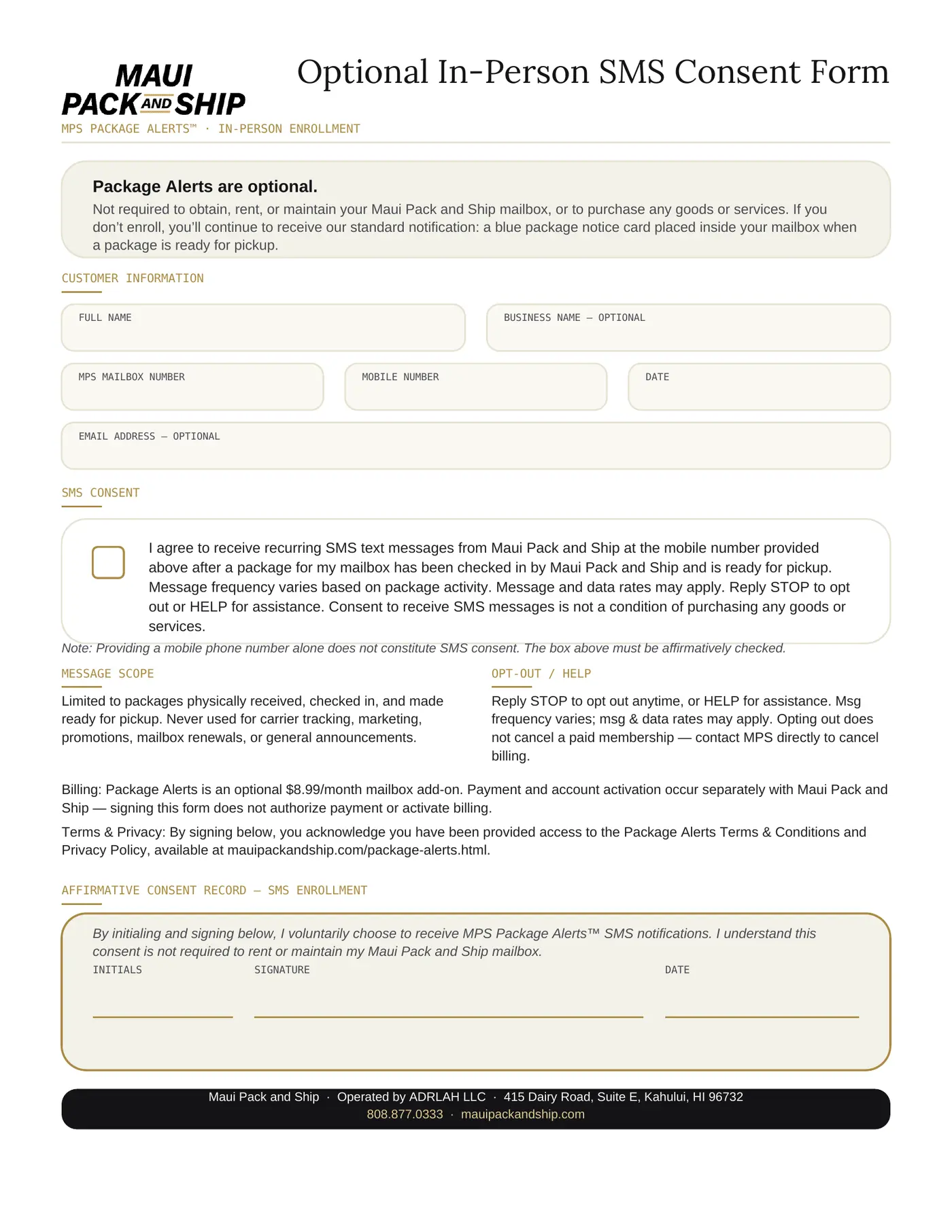 MPS Package Alerts in-person SMS consent form, showing customer information fields, an unchecked SMS consent checkbox, message scope, opt-out instructions, and a signature block